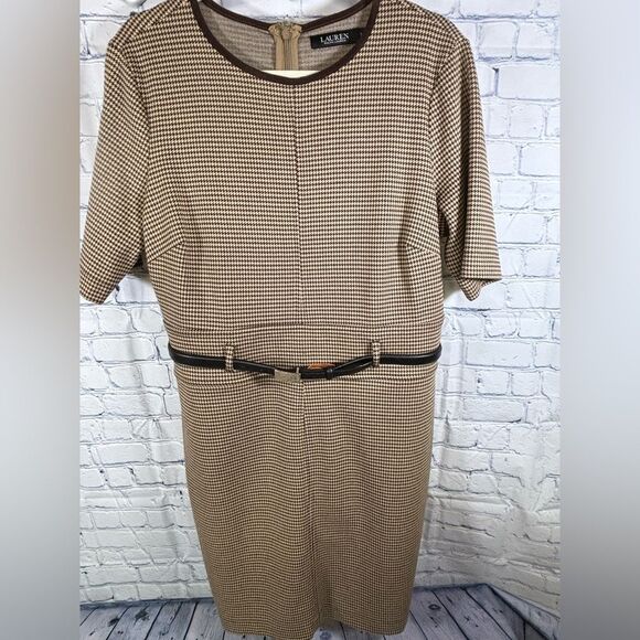 Lauren Ralph Lauren Brown Tan Houndstooth Academia Corporate Sheath Dress Size L - Picture 1 of 12